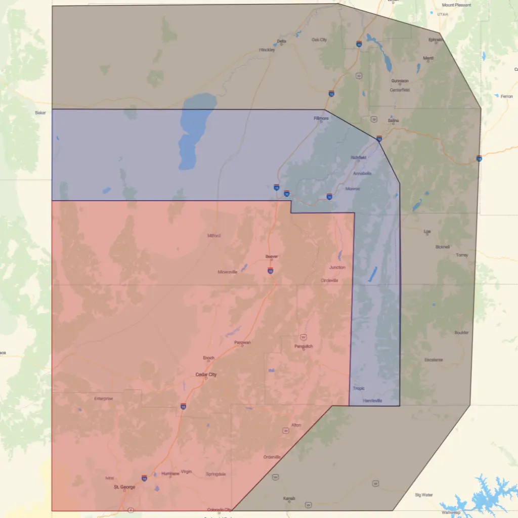 Map of Southern Utah showing the areas serviced by Southern Utah Chimney Sweep. Areas include St. George, Cedar City, Beaver, Fillmore, Richfield, Pangutich, Kanab.